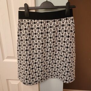 Women Black White Geometric Print A-Line Skirt Elastic Waist Knee Length‎ Casual